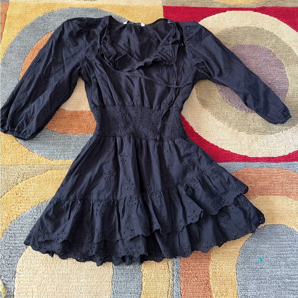 Zara Women Black Very Mini Short 3/4 Sleeve Ruffle Dress Eyelet Women’s Medium
